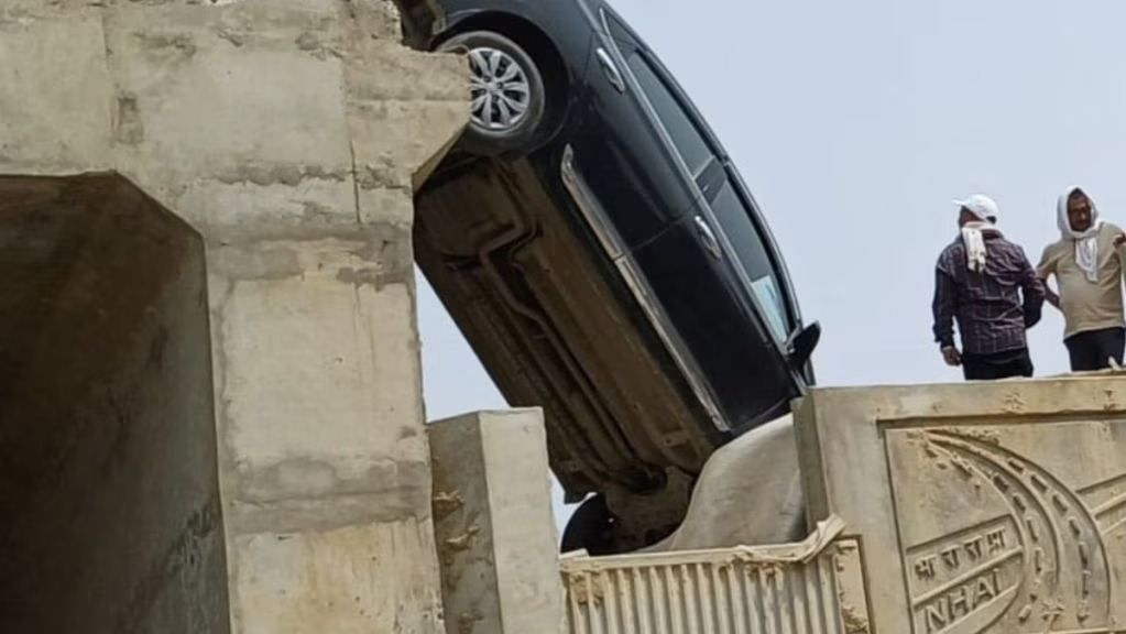 Car hangs mid air from unfinished flyover